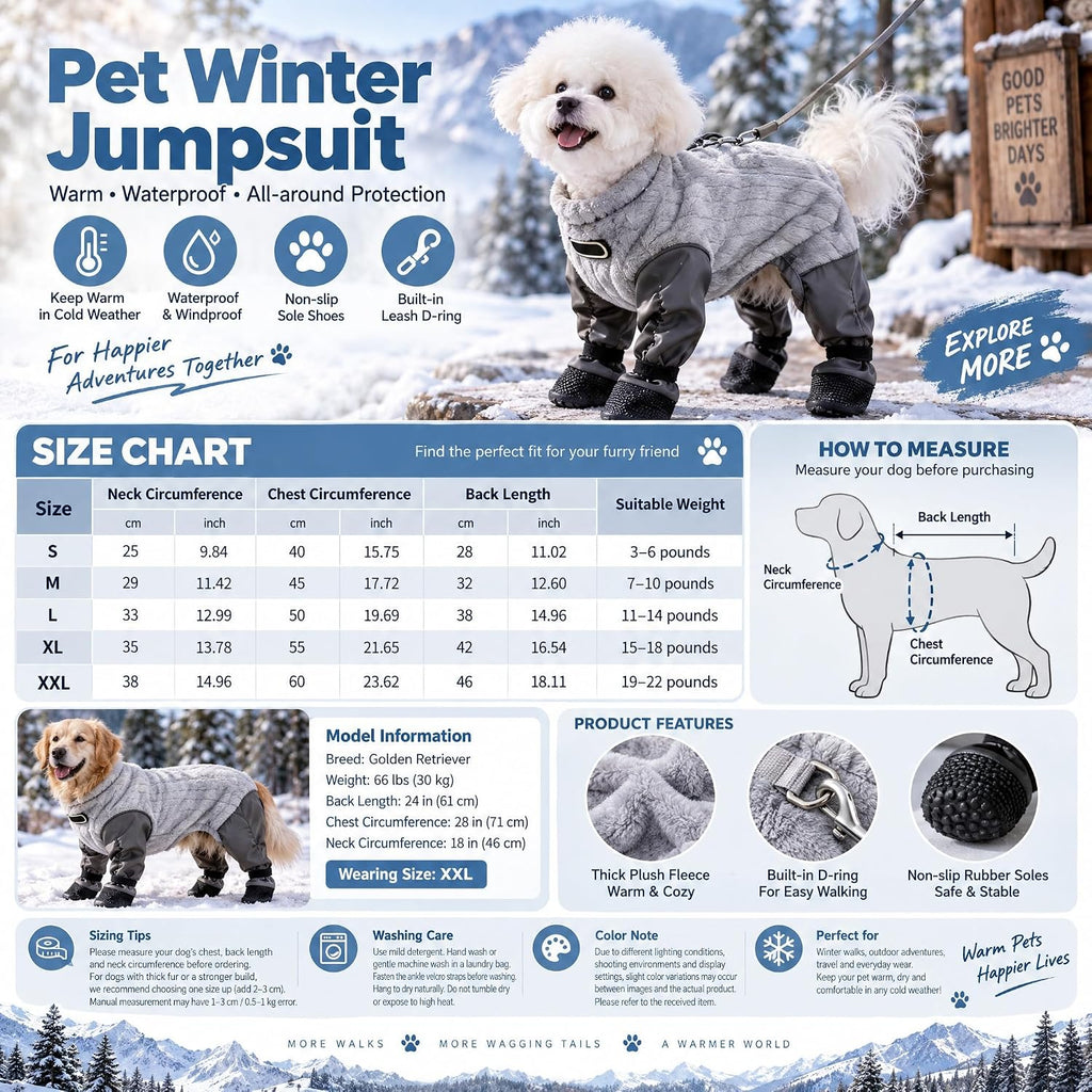 Dog Snowsuit with Attached Boots,Waterproof Full Body Suit Dog Winter Coat