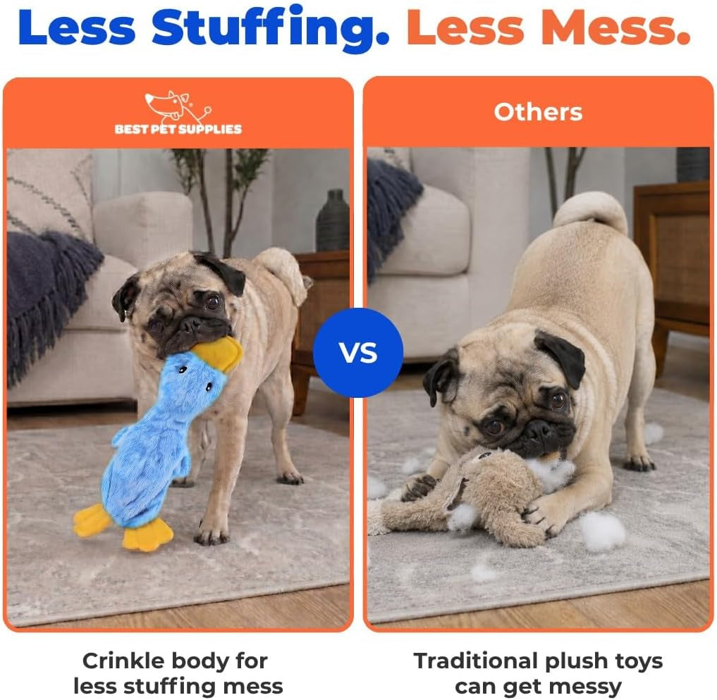 Crinkle Dog Toy for Small, Medium, and Large Breeds, Cute No Stuffing Duck with Soft Squeaker, Fun for Indoor Puppies and Senior Pups, Plush No Mess Chew and Play - Blue
