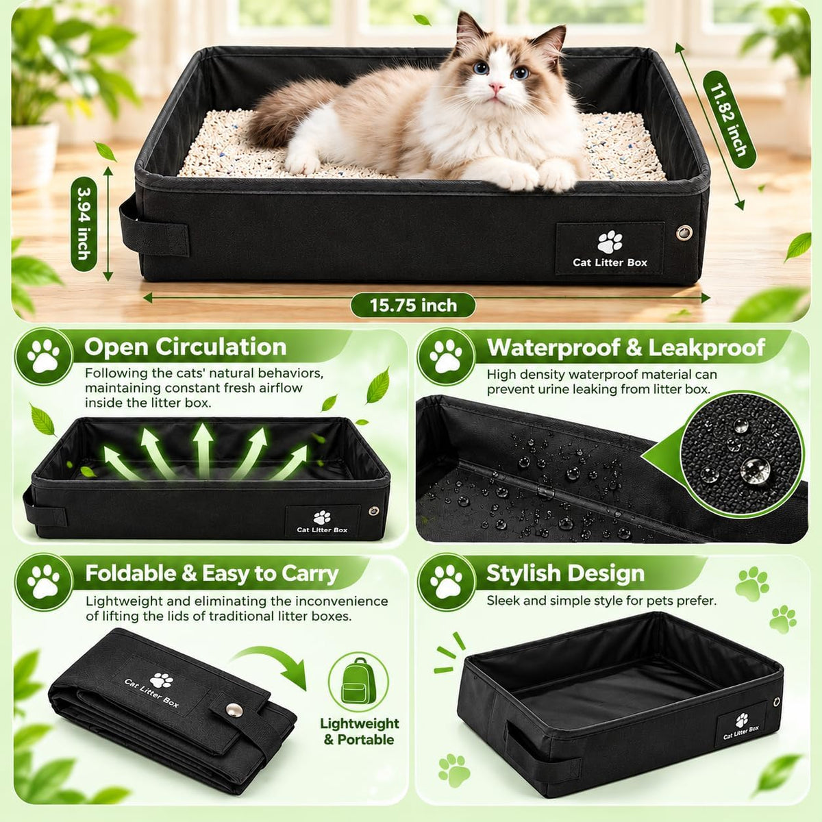 Cat Carrier Soft-Sided & Folding Travel Litter Box, Green