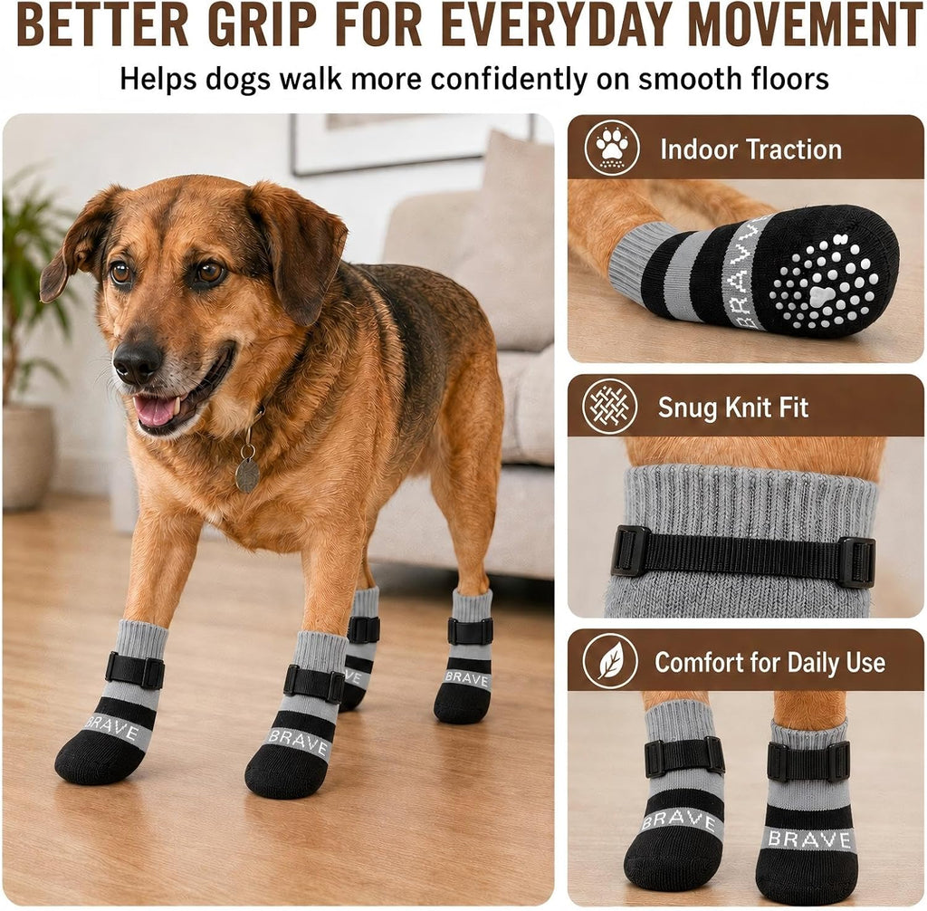 Anti Slip Dog Socks to Prevent Licking Paws, 4 Pack Dog Paw Protectors with Adjustable Buckle Strap, for Hot Pavement Hardwood Floors, Traction Control for Small Medium Senior Dogs，Gray：M
