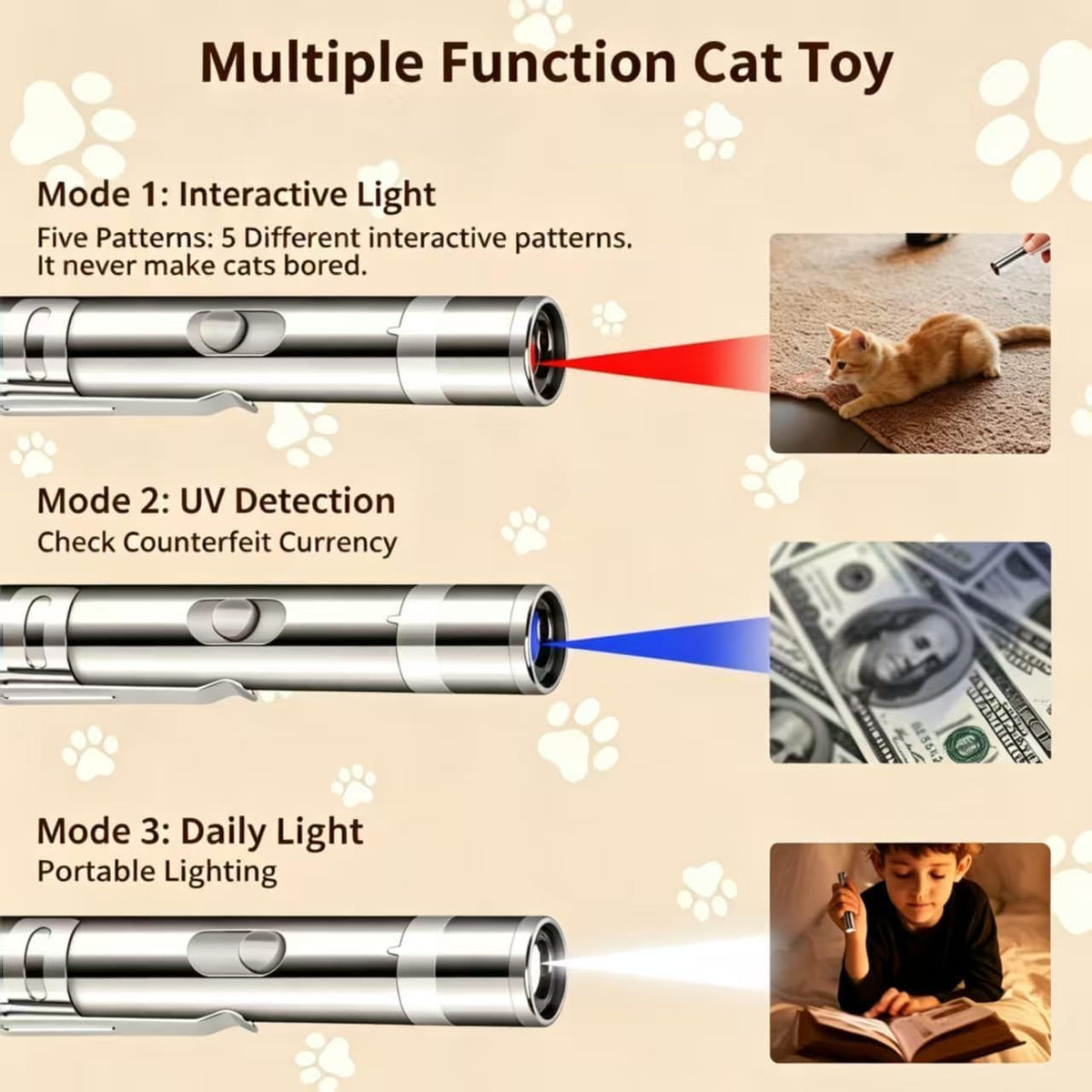 Interactive LED Cat Toy, USB Rechargeable, 7 Adjustable Patterns
