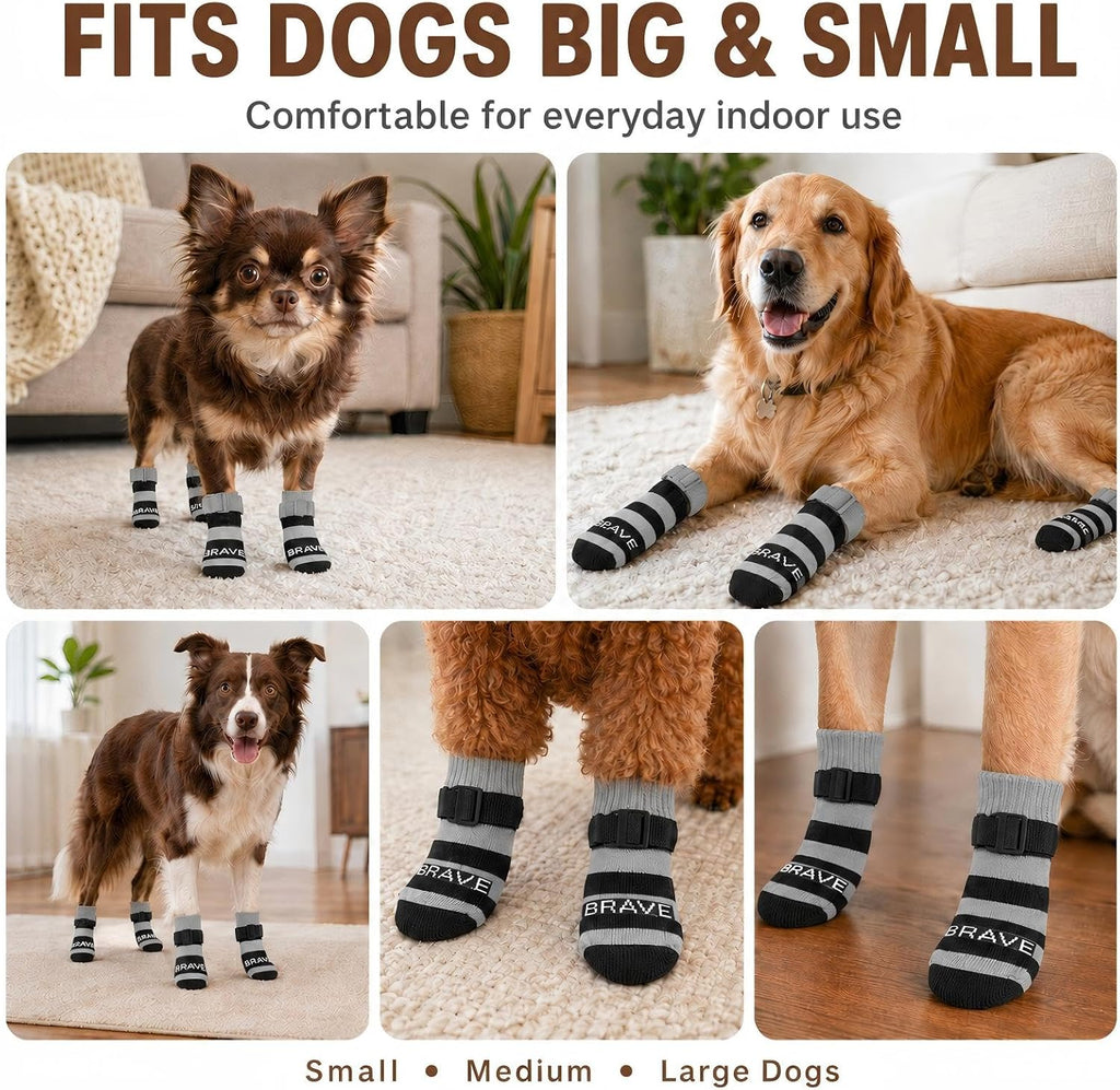 Anti Slip Dog Socks to Prevent Licking Paws, 4 Pack Dog Paw Protectors with Adjustable Buckle Strap, for Hot Pavement Hardwood Floors, Traction Control for Small Medium Senior Dogs，Gray：M