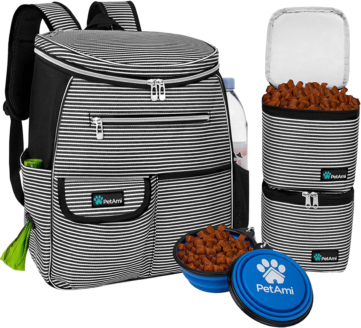 Dog Travel Bag Backpack | Backpack Organizer with Poop Bag Dispenser, Multi-Function Pocket, Food Container Bag, Collapsible Bowl (One Size, Stripe Black)