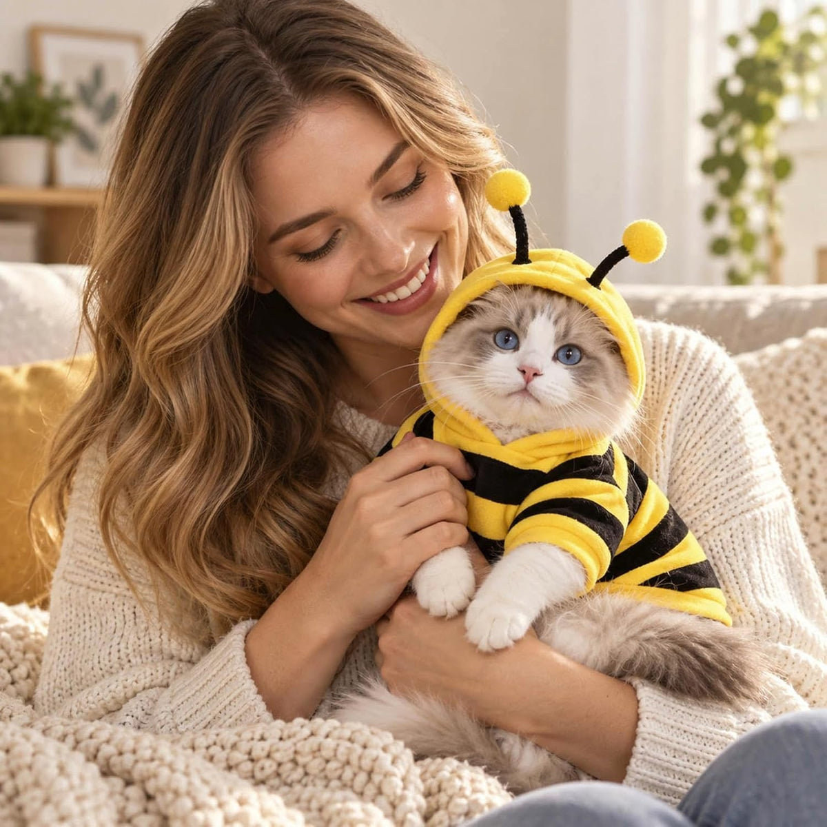 Pet Bee Costume, Hooded Halloween Outfit for Small Dogs and Cats，Medium