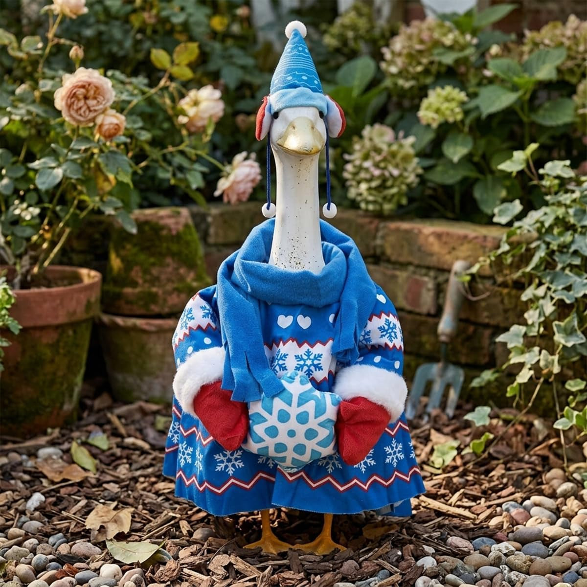 Porch Goose Winter Outfit, Sweater with Knit Hat and Scarf Set Polyester Porch Goose Clothes Christmas Costume for Garden (Blue)