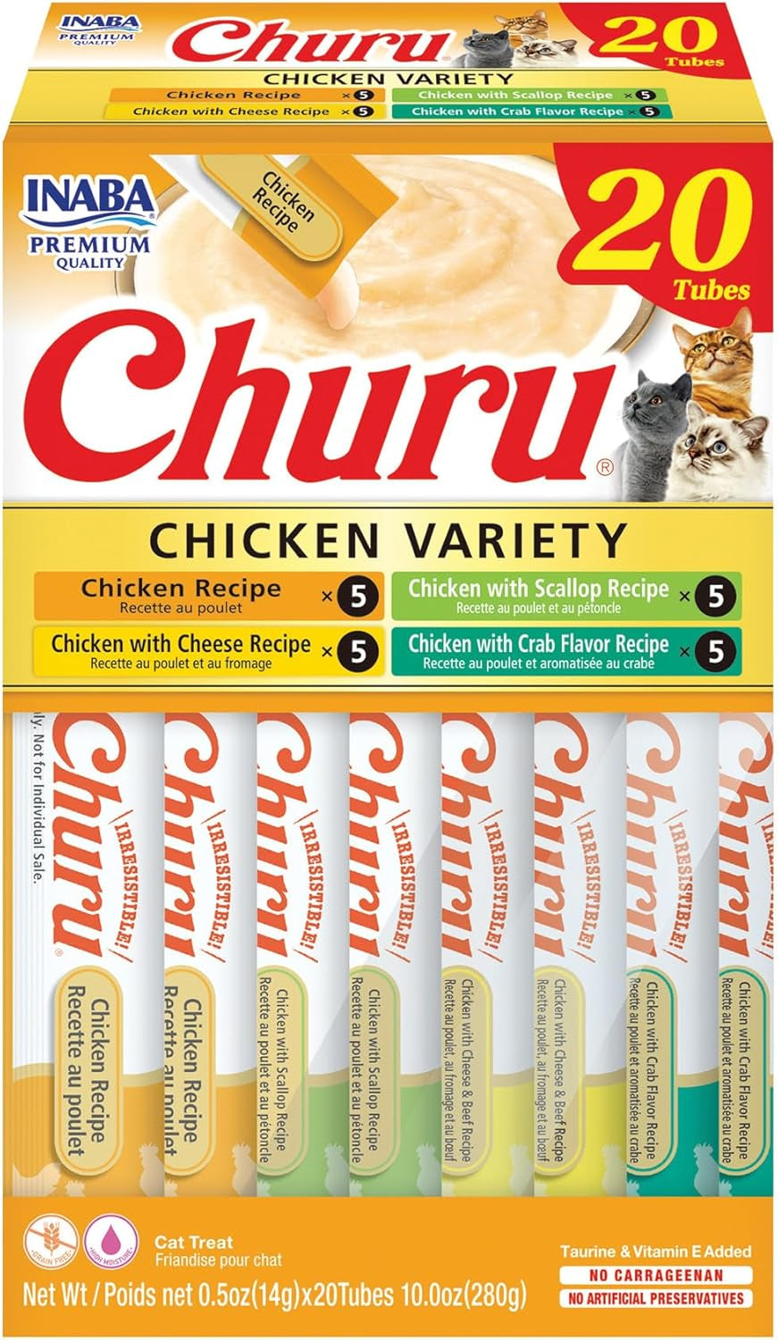 Churu Cat Treats, Grain-Free, Lickable, Squeezable Creamy Purée Cat Treat/Topper with Vitamin E & Taurine, 0.5 Ounces Each Tube, 20 Tubes, Chicken Variety Box