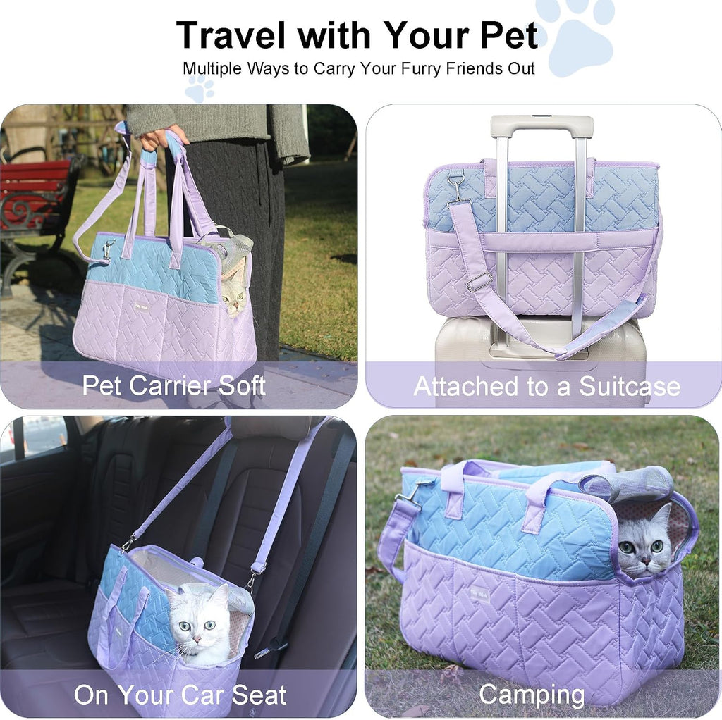 Dog Carrier Purse 3-In-1 Purple & Blue Pet Travel Bag for Small Dogs & Cats - Handheld, Crossbody, & Shoulder Carry with 4 Extra Front and Sided Storage Pockets Soft, Comfortable, Perfect for Travel