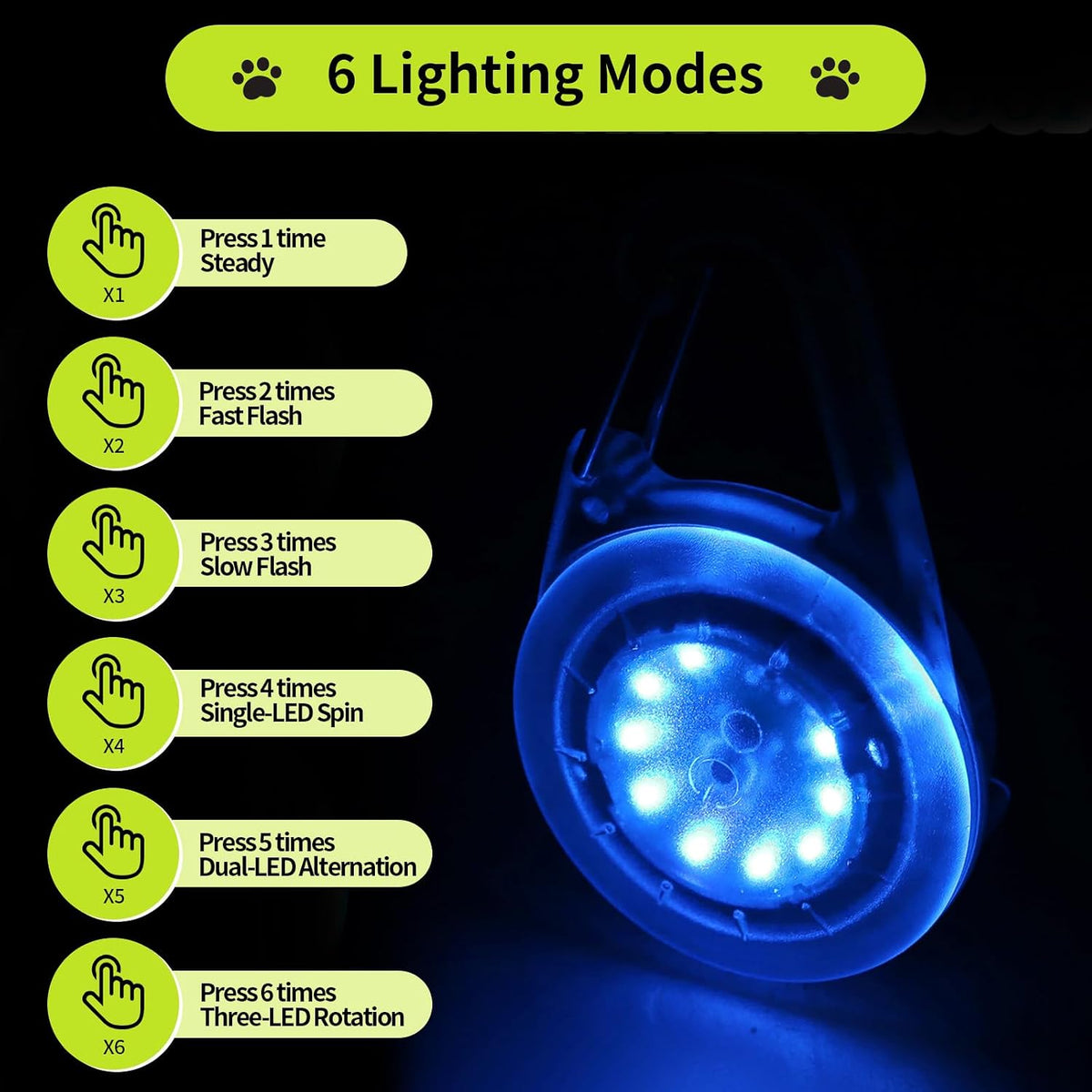 Dog Lights for Night Walking, 6 Modes IP68 Waterproof Dog Collar Lights Clip On, High Capacity Rechargeable Pet Accessories for Climbing, Running, Camping, 2 Packs