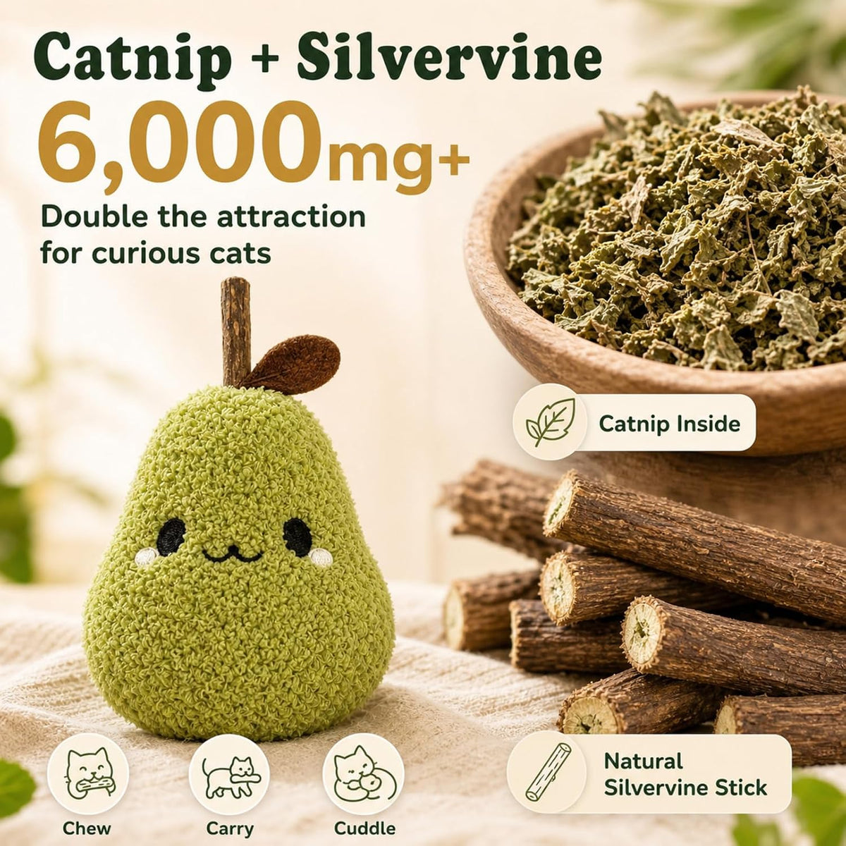 Cat Plush Toy [6000Mg A+Natural Catnip & Silvervine] with Teething Stick Soft Catnip Toy for Kitten Chewing Carrying & Cuddling 1 Pack (Pear Green)