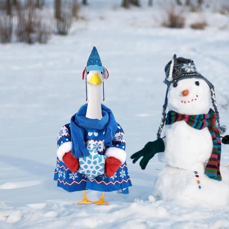 Porch Goose Winter Outfit, Sweater with Knit Hat and Scarf Set Polyester Porch Goose Clothes Christmas Costume for Garden (Blue)