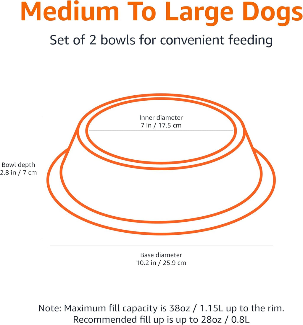 Stainless Steel Non-Skid Pet Dog Water and Food Bowl, 2-Pack (25.9Cm X 7Cm), Each Holds up to 1.15L