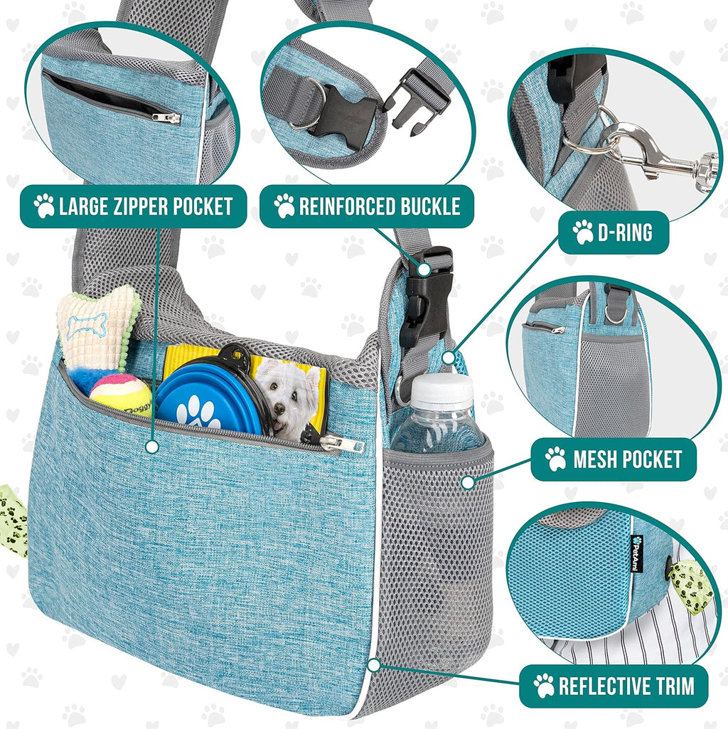 Small Dog Sling Carrier, Soft-Sided Crossbody Puppy Carrying Purse Bag, Adjustable Sling Pet Pouch to Wear Medium Dog Cat Travel, Dog Bag for Traveling, Poop Bag Dispenser, Max 10 Lbs, Blue