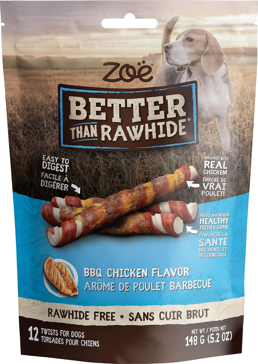Zoe Better than Rawhide Twists for Dogs, BBQ Chicken, 12 Pack (5.2 Oz)