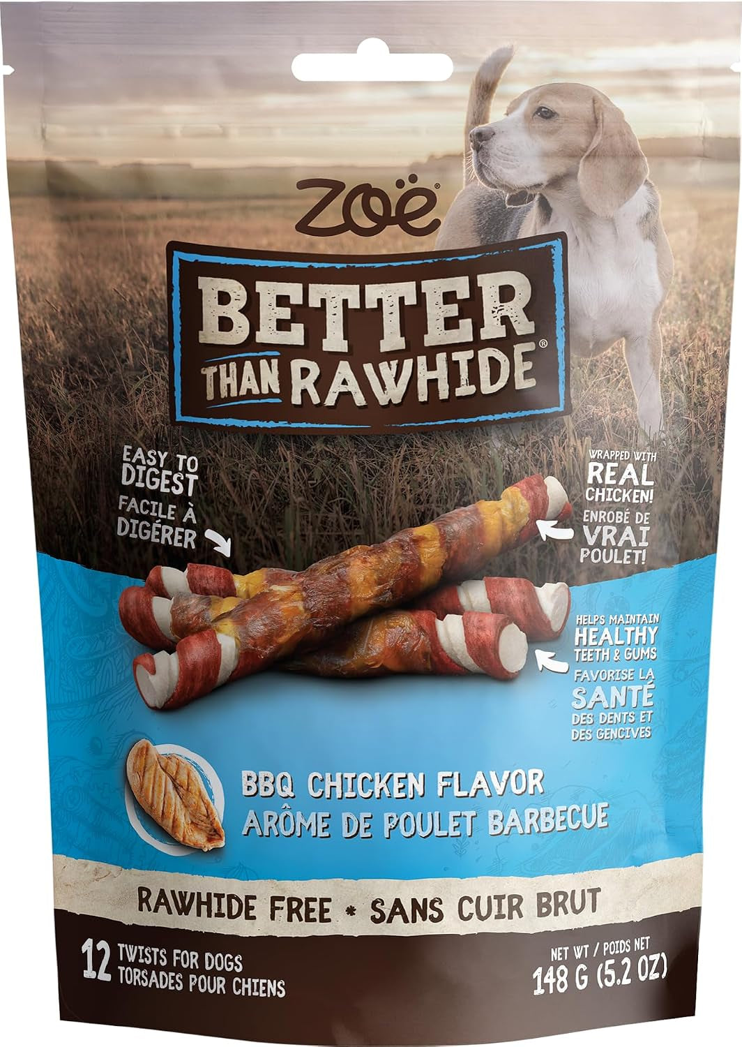Zoe Better than Rawhide Twists for Dogs, BBQ Chicken, 12 Pack (5.2 Oz)