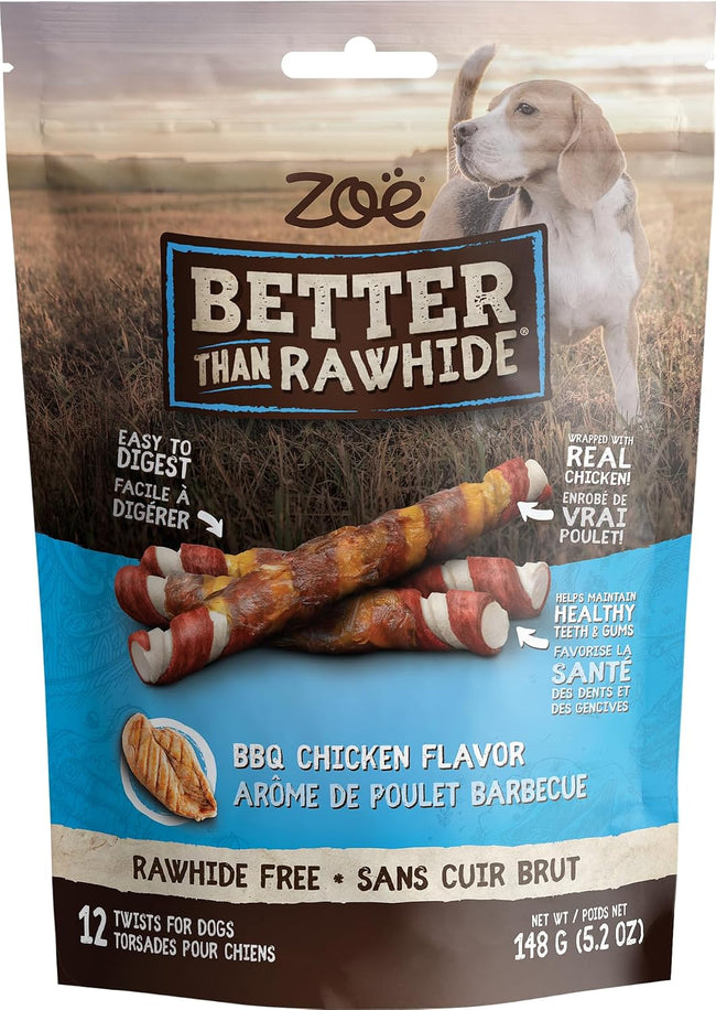 Zoe Better than Rawhide Twists for Dogs, BBQ Chicken, 12 Pack (5.2 Oz)