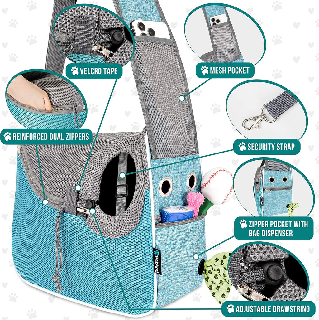 Small Dog Sling Carrier, Soft-Sided Crossbody Puppy Carrying Purse Bag, Adjustable Sling Pet Pouch to Wear Medium Dog Cat Travel, Dog Bag for Traveling, Poop Bag Dispenser, Max 10 Lbs, Blue