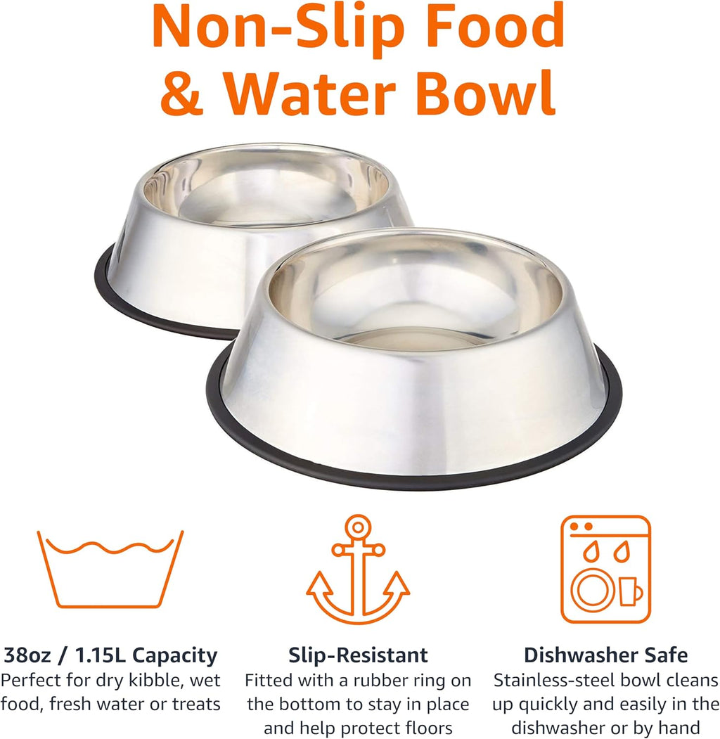 Stainless Steel Non-Skid Pet Dog Water and Food Bowl, 2-Pack (25.9Cm X 7Cm), Each Holds up to 1.15L