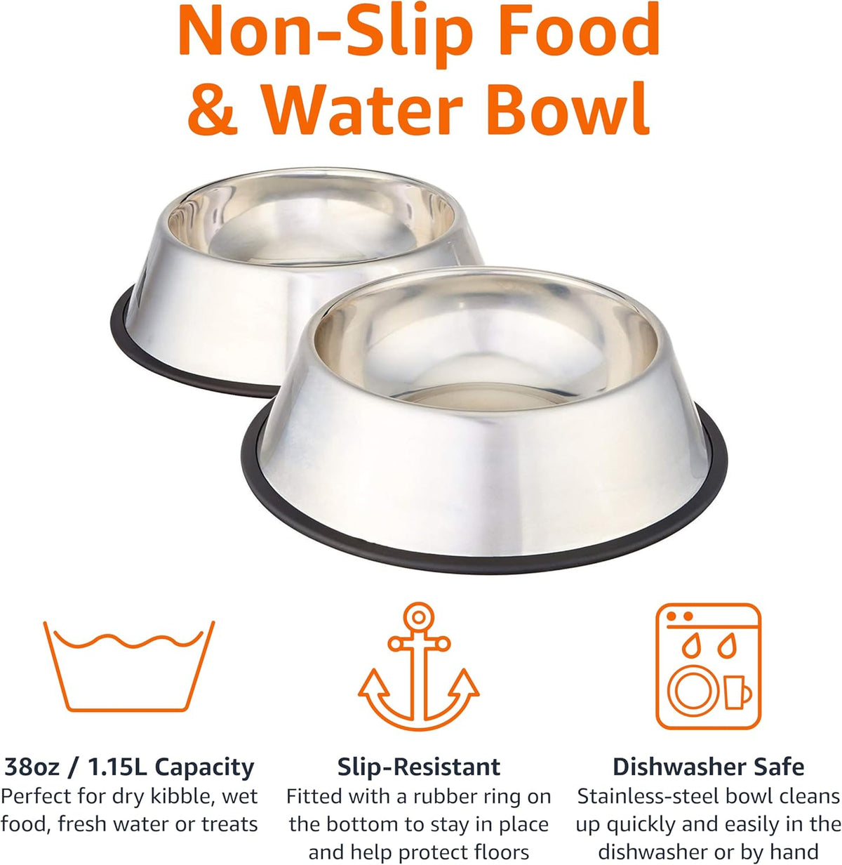Stainless Steel Non-Skid Pet Dog Water and Food Bowl, 2-Pack (25.9Cm X 7Cm), Each Holds up to 1.15L