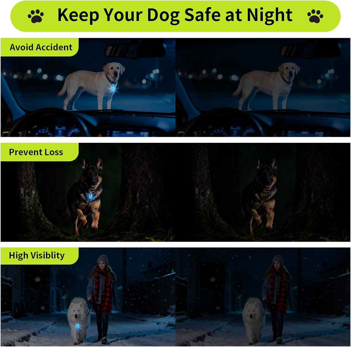 Dog Lights for Night Walking, 6 Modes IP68 Waterproof Dog Collar Lights Clip On, High Capacity Rechargeable Pet Accessories for Climbing, Running, Camping, 2 Packs