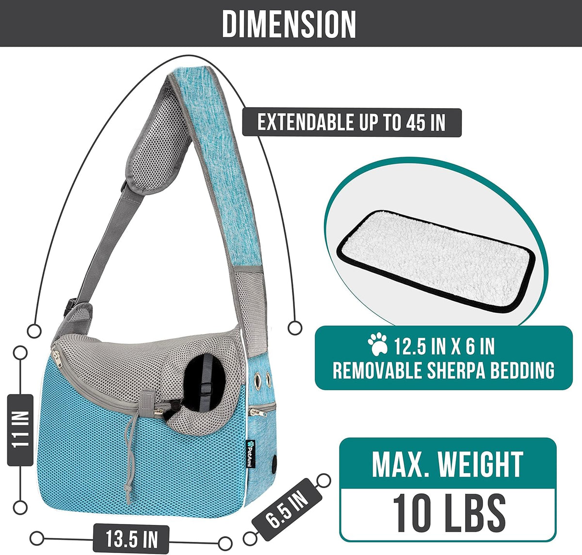 Small Dog Sling Carrier, Soft-Sided Crossbody Puppy Carrying Purse Bag, Adjustable Sling Pet Pouch to Wear Medium Dog Cat Travel, Dog Bag for Traveling, Poop Bag Dispenser, Max 10 Lbs, Blue