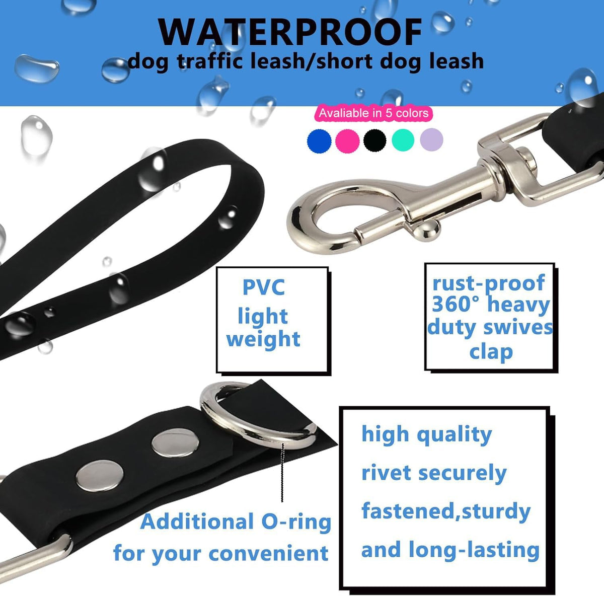 Short Dog Leash - 9 Inch Dogs Lead Grab Tab Heavy Duty Waterproof PVC Dog Training Traffic Leashes for Safety Control Behavior Correction Hiking Backup & All Breeds (Pink, 9'')