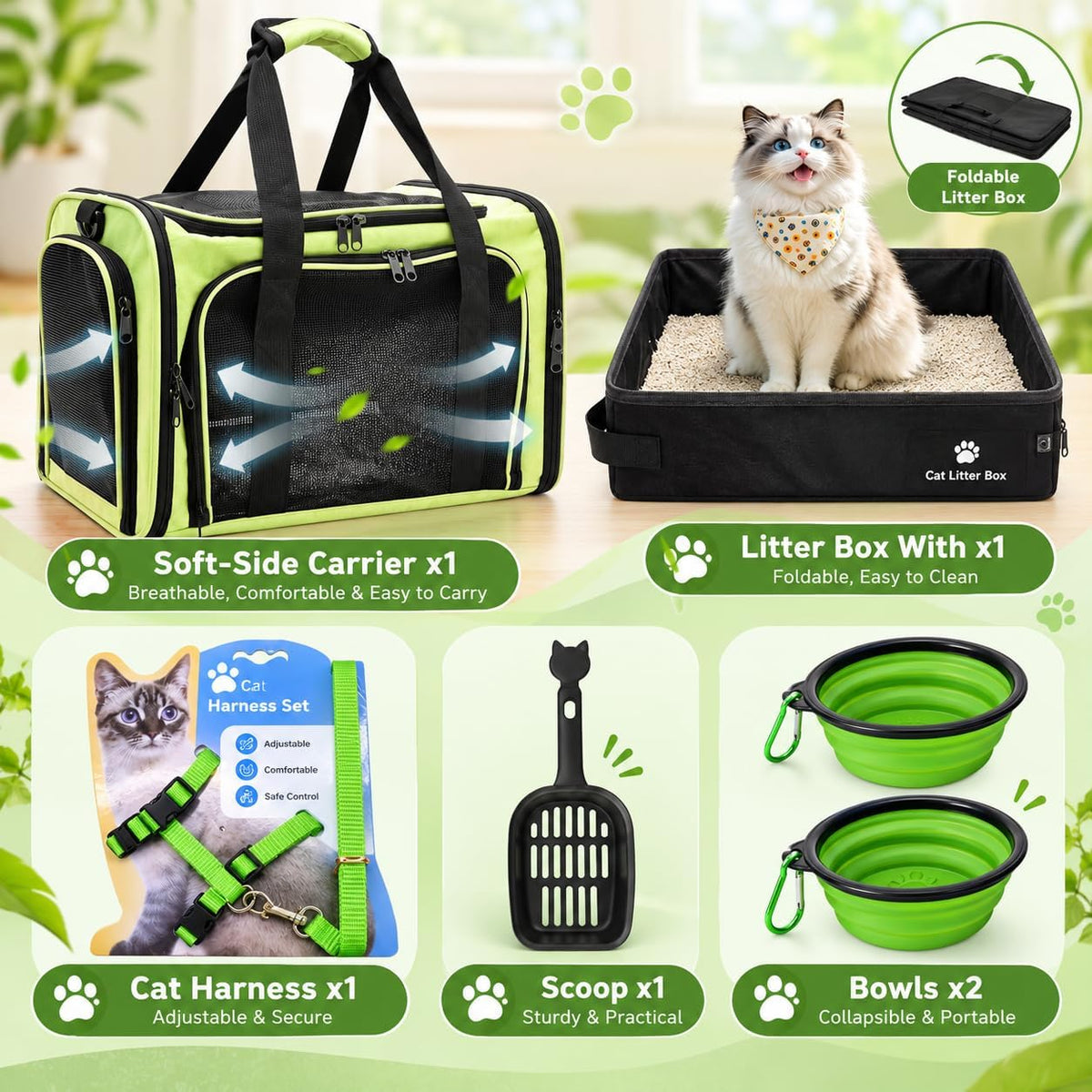 Cat Carrier Soft-Sided & Folding Travel Litter Box, Green