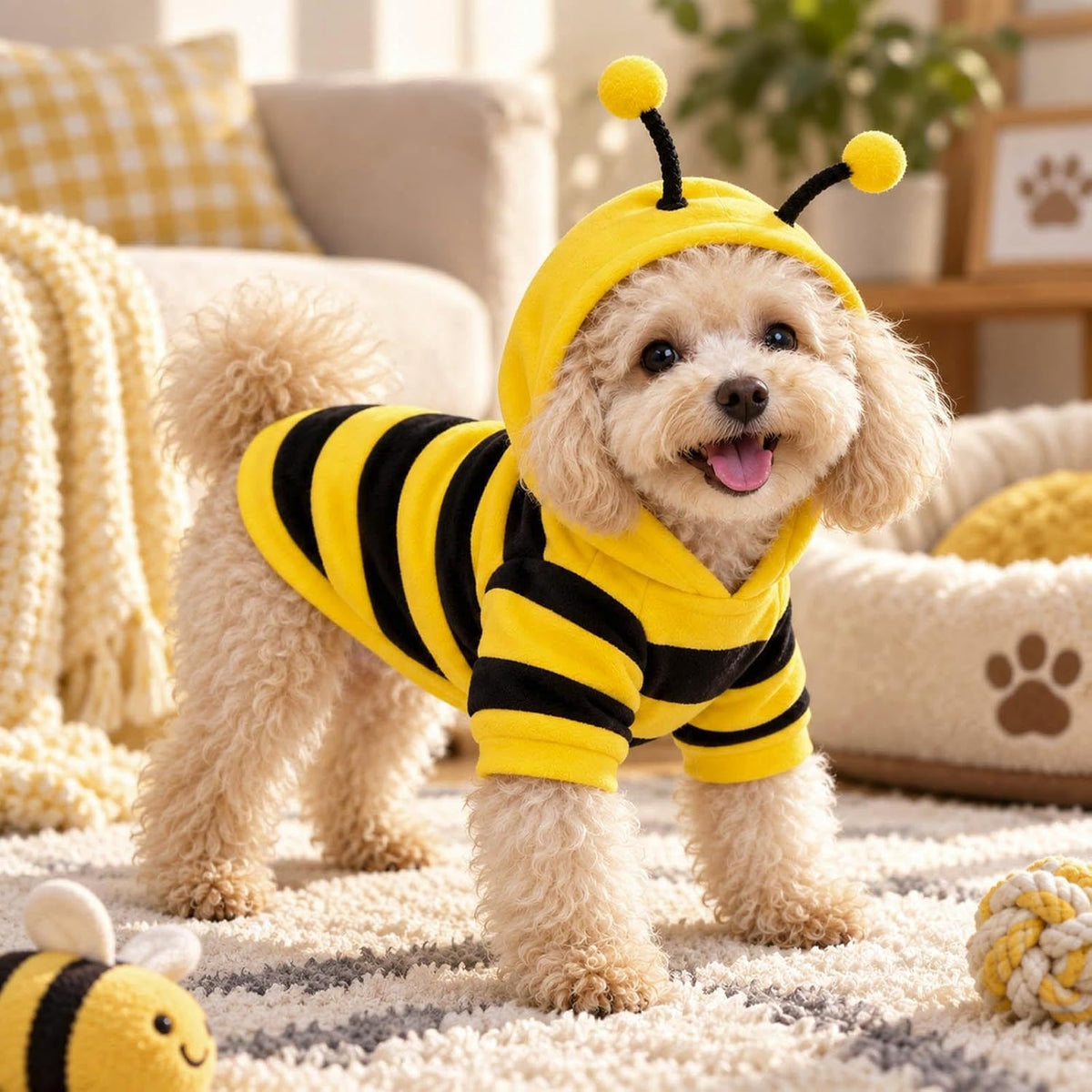 Pet Bee Costume, Hooded Halloween Outfit for Small Dogs and Cats，Medium
