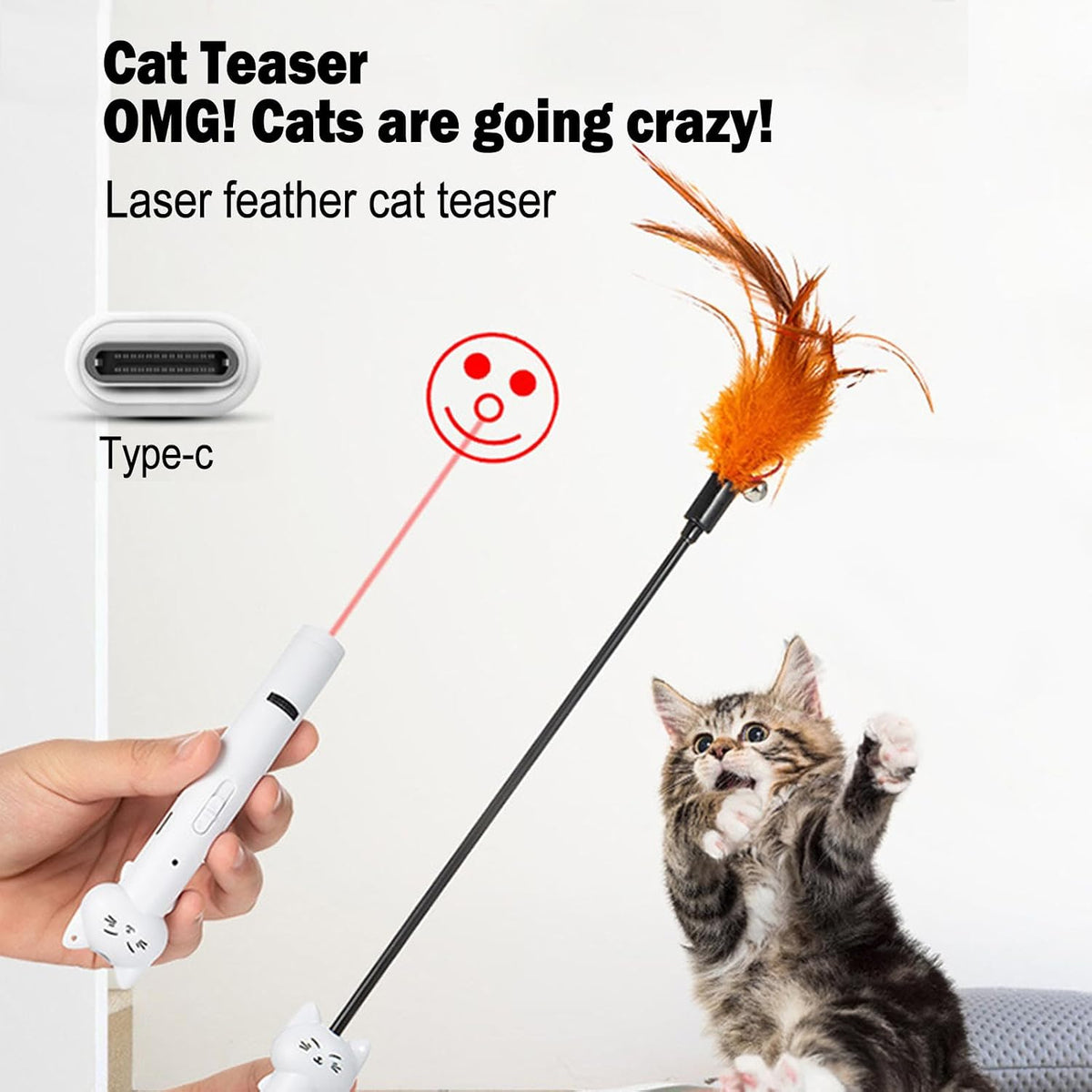 Cat Teaser Pointer Interactive Feather Bell Stick for Cats Kittens to Chase Type-C Rechargeable Pen Relieves Boredom