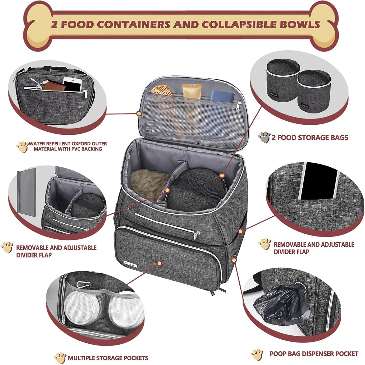 丨Dog Travel Bag Backpack, Airline Approved Pet Supplies Backpack, Dog Travel Backpack with 2 Silicone Collapsible Bowls and 2 Food Baskets Grey