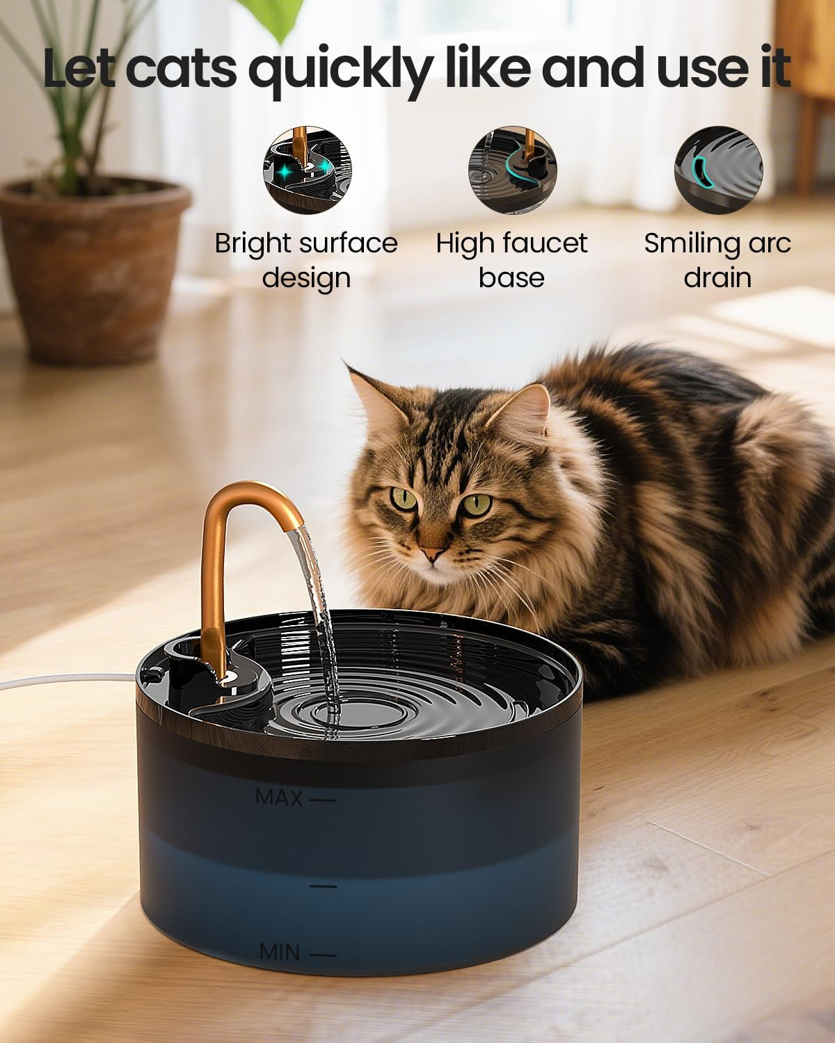 Cat Water Fountain with 1-Pack Filters, Copper Faucet Cat Bowl