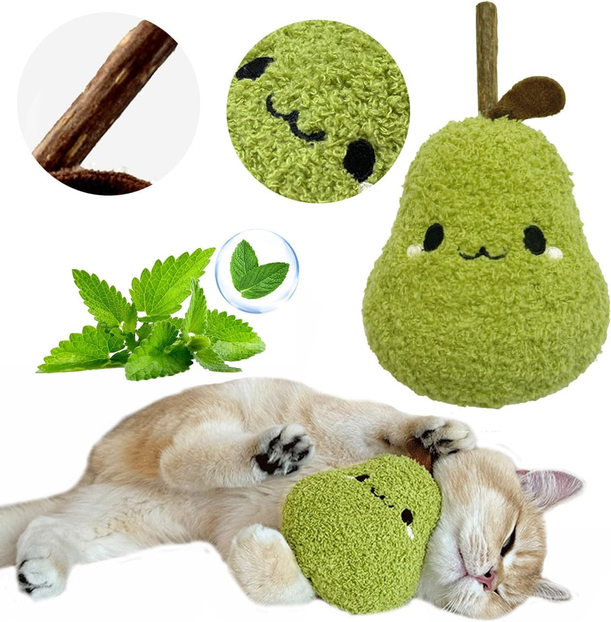 Cat Plush Toy [6000Mg A+Natural Catnip & Silvervine] with Teething Stick Soft Catnip Toy for Kitten Chewing Carrying & Cuddling 1 Pack (Pear Green)