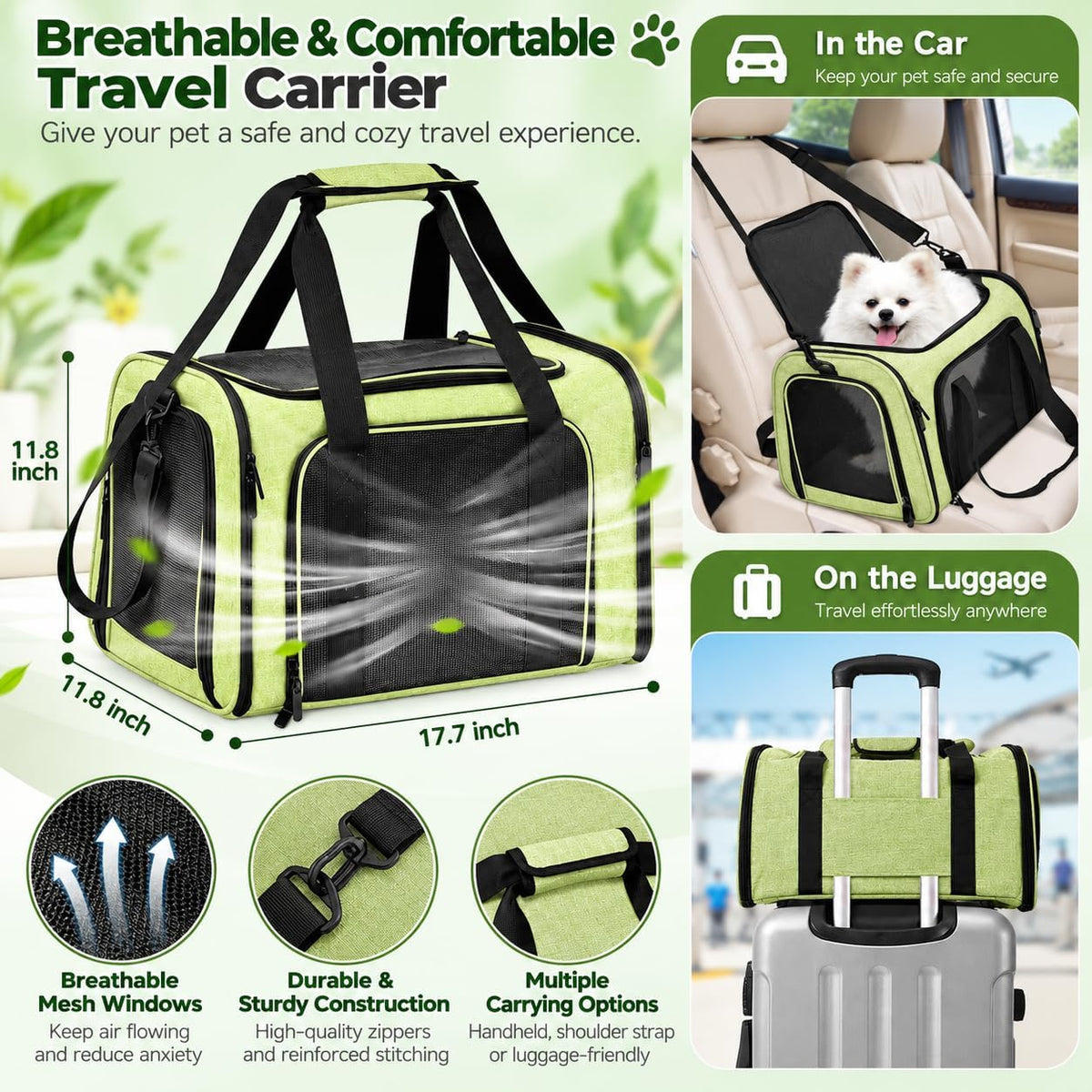 Cat Carrier Soft-Sided & Folding Travel Litter Box, Green