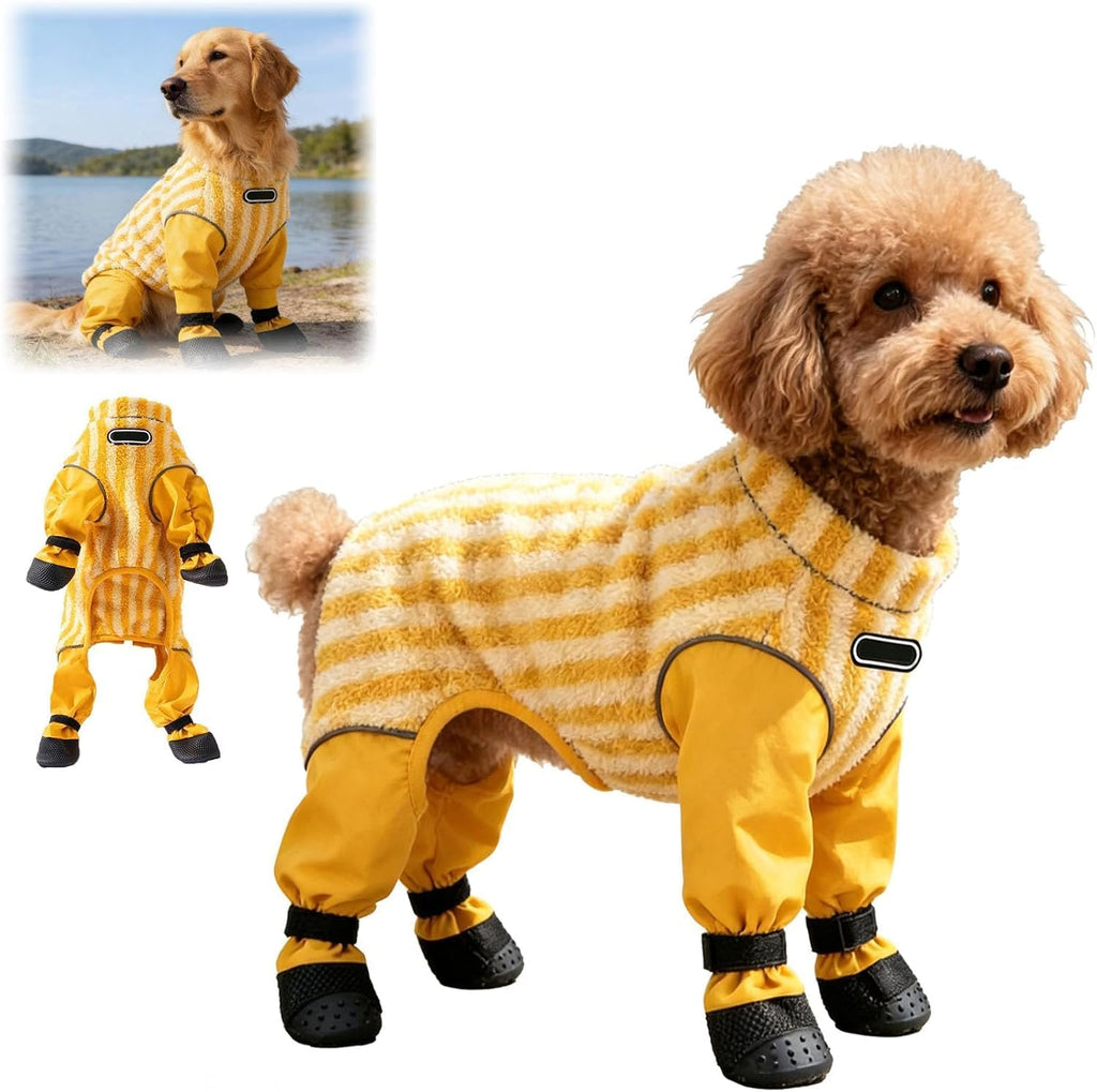 Dog Snowsuit with Attached Boots Winter Full Body Coat, Yellow, Small