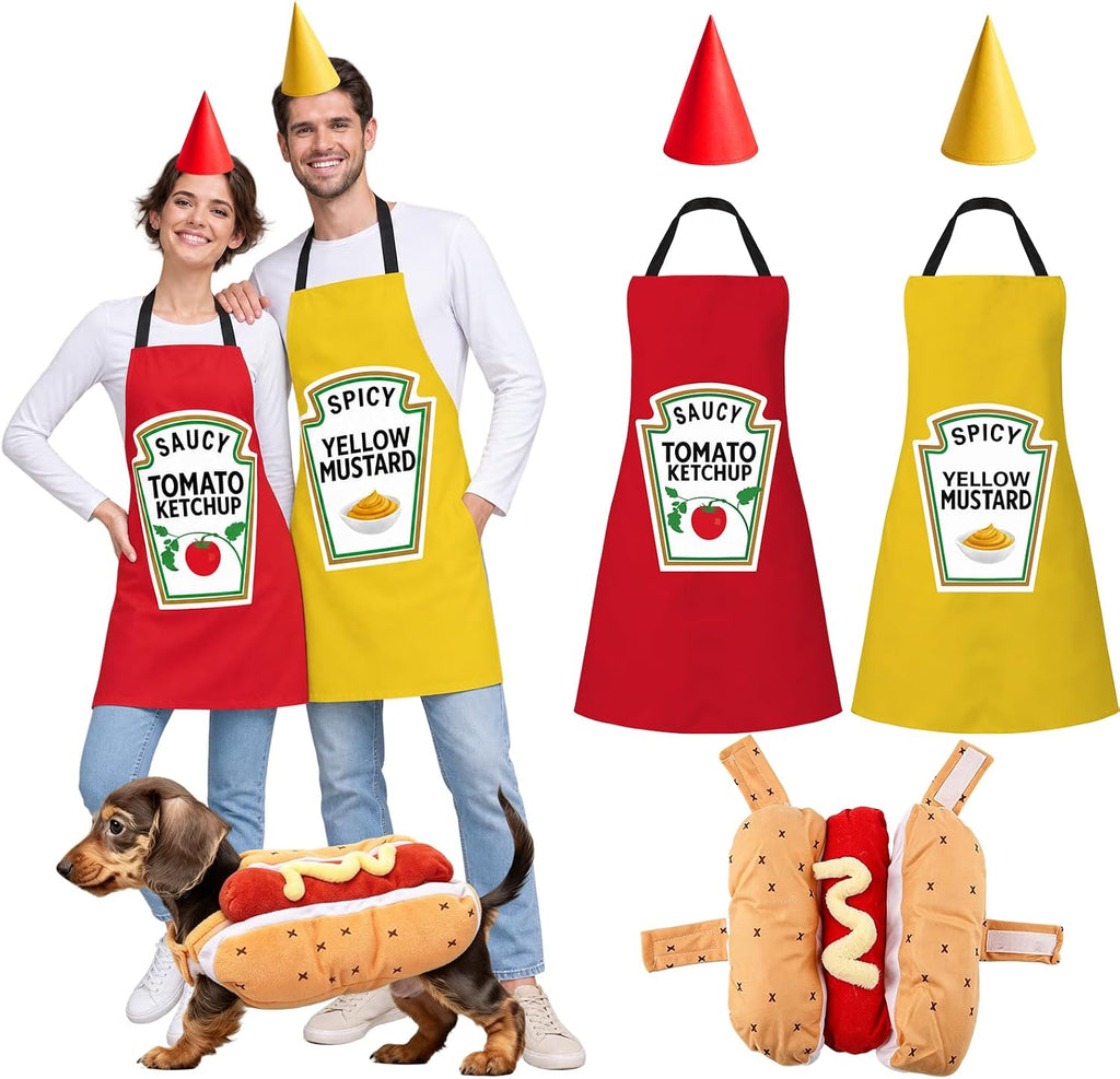 5 Pcs Ketchup Mustard Couples Costumes and Pet Hot Dog Costume