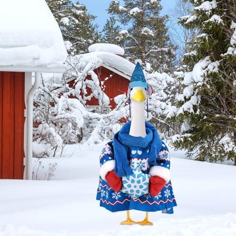 Porch Goose Winter Outfit, Sweater with Knit Hat and Scarf Set Polyester Porch Goose Clothes Christmas Costume for Garden (Blue)