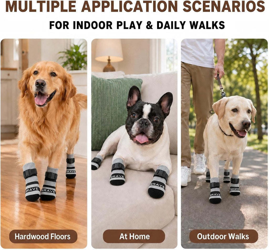 Anti Slip Dog Socks to Prevent Licking Paws, 4 Pack Dog Paw Protectors with Adjustable Buckle Strap, for Hot Pavement Hardwood Floors, Traction Control for Small Medium Senior Dogs，Gray：M