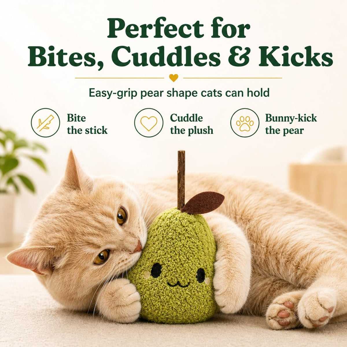 Cat Plush Toy [6000Mg A+Natural Catnip & Silvervine] with Teething Stick Soft Catnip Toy for Kitten Chewing Carrying & Cuddling 1 Pack (Pear Green)