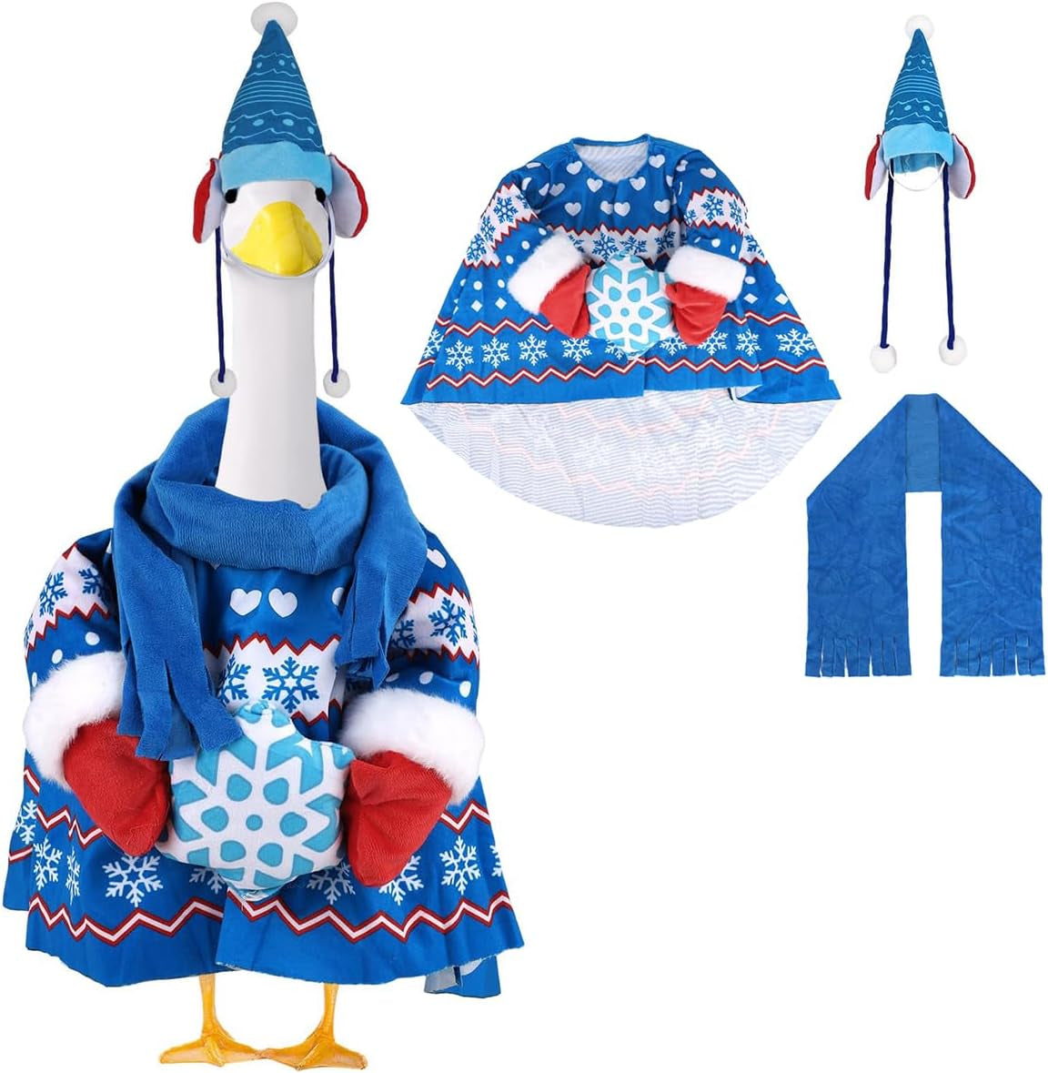 Porch Goose Winter Outfit, Sweater with Knit Hat and Scarf Set Polyester Porch Goose Clothes Christmas Costume for Garden (Blue)