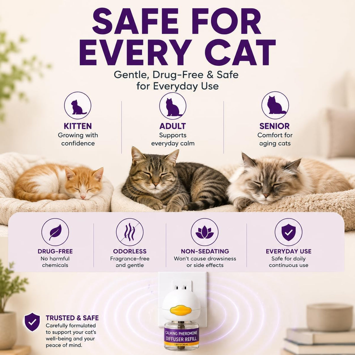 Cat Calming Pheromone Diffuser Kit, 2 Plug-Ins & 4 Refills, 48Ml Each, 120 Days, Cat Calming Diffuser for Cats & Kittens, Cat Stress & Anxiety Relief, Helps Reduce Scratching, Urine Marking & Fighting