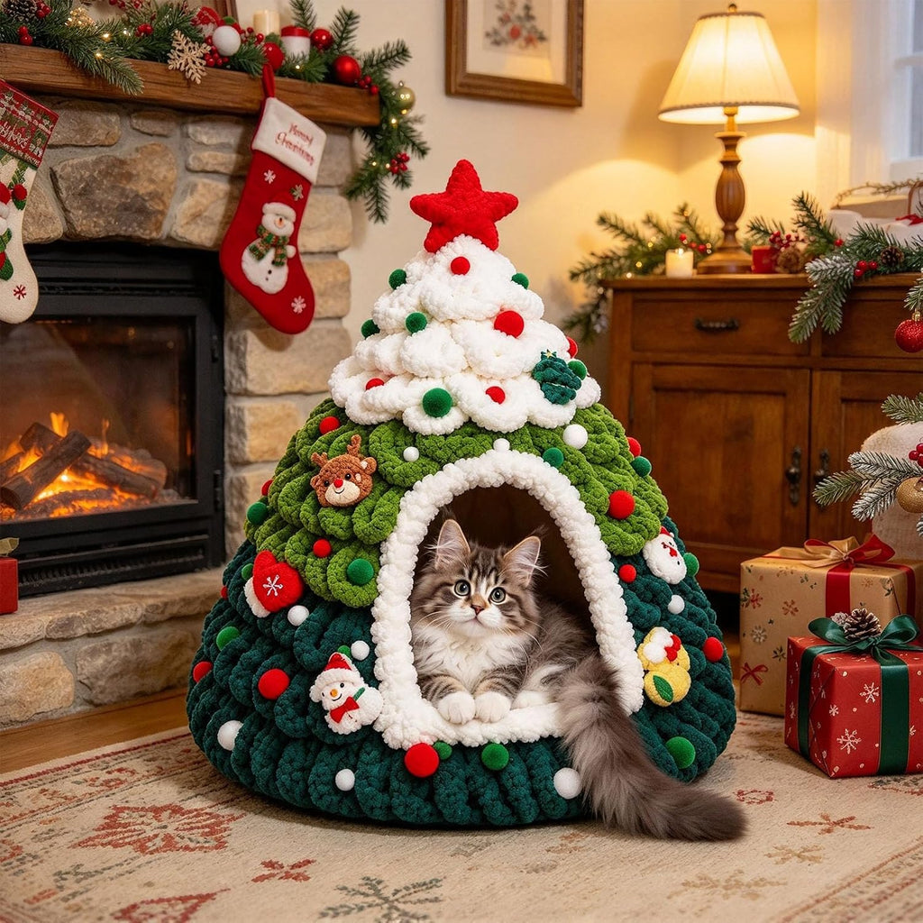Christmas Tree Cat Bed Knitted Warm Indoor Nest Cat Tent for Small Pets