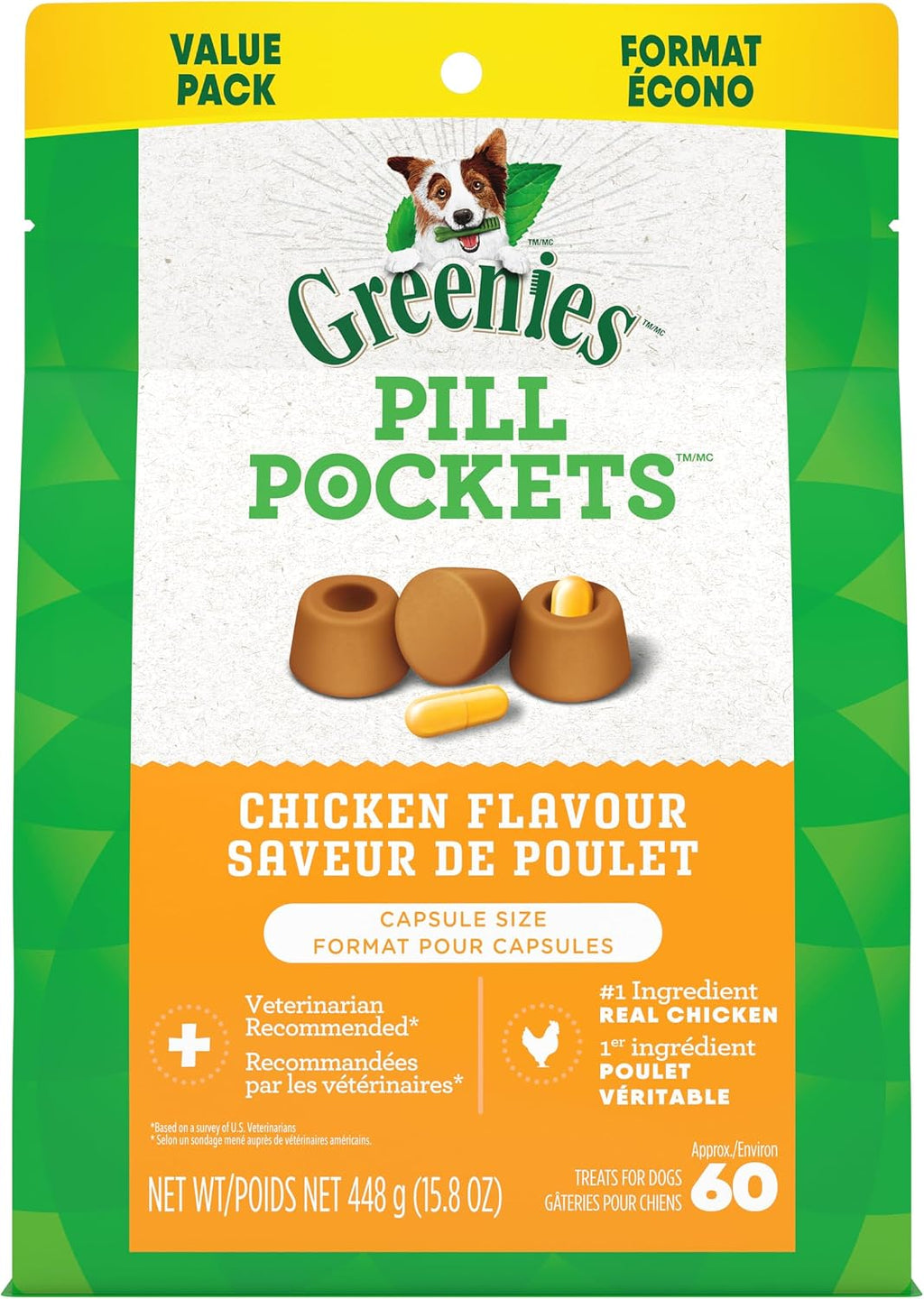 PILL POCKETS Dog Treats Capsule Size Chicken Flavour 30 Count, 90G