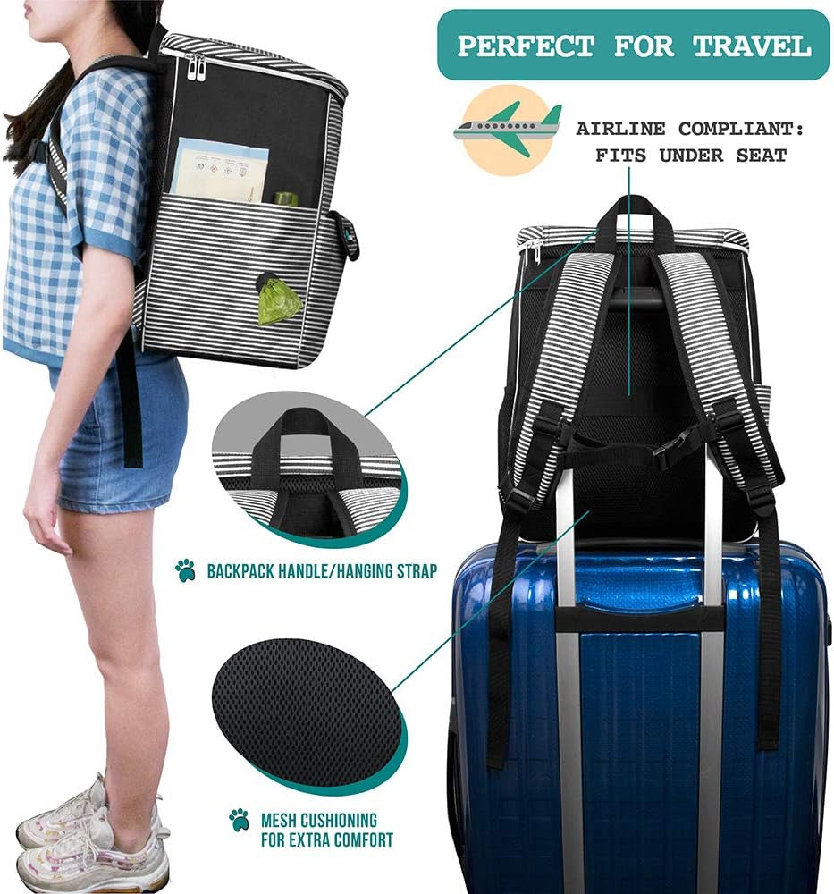 Dog Travel Bag Backpack | Backpack Organizer with Poop Bag Dispenser, Multi-Function Pocket, Food Container Bag, Collapsible Bowl (One Size, Stripe Black)