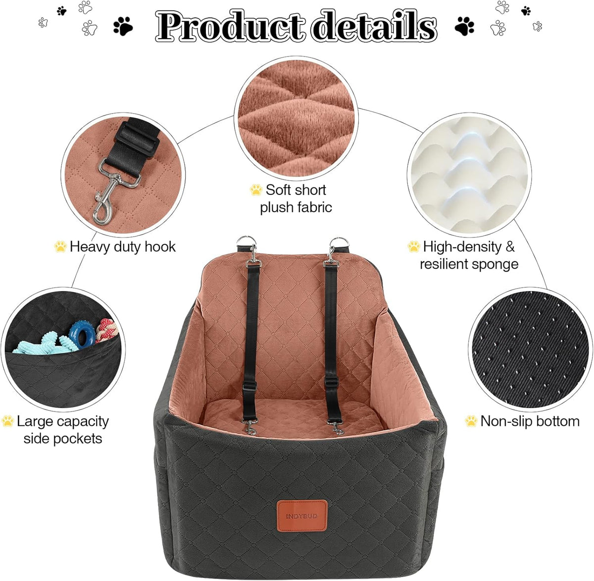 Dog Car Seats for Small Medium Dogs, Portable Detachable Washable Puppy Car Seat for Dog up to 35Lbs, Pet Booster Seat with Storage Pockets and Safety Belt (Black/Brown, Medium)