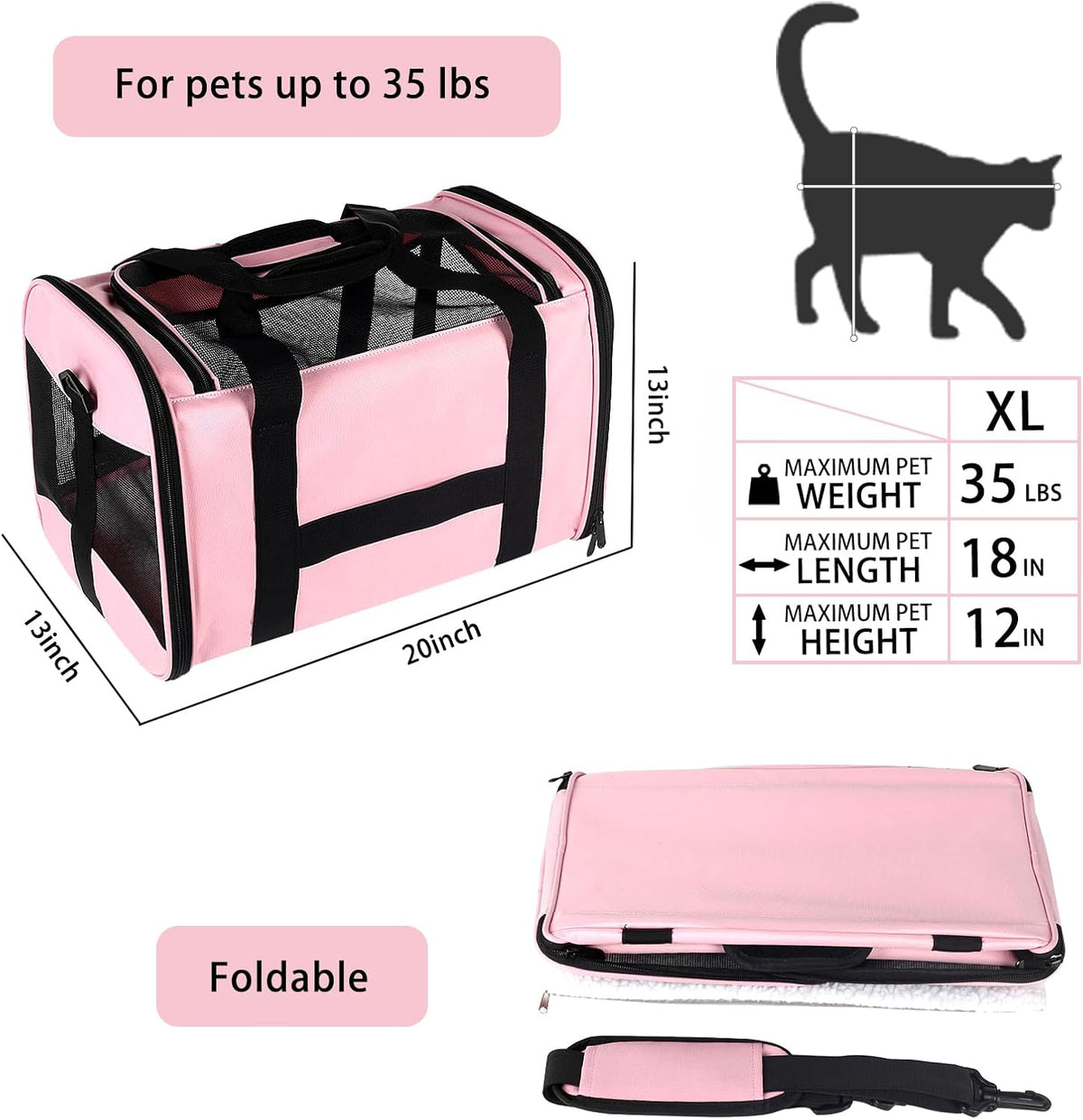 Cat Carrier Large Dog Cat Carriers Puppies up to 30Lbs, Big Dog Carrier Soft Sided, Collapsible Travel Puppy Carrier (X-Large, Pink)