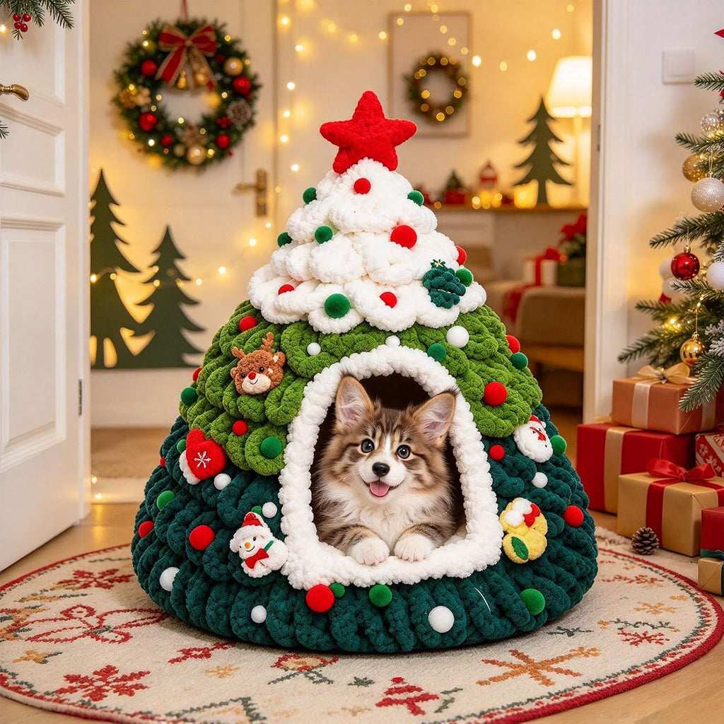 Christmas Tree Cat Bed Knitted Warm Indoor Nest Cat Tent for Small Pets