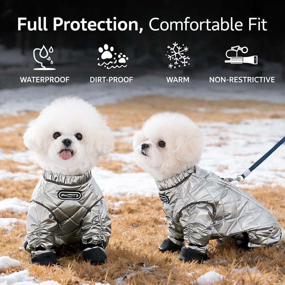 Dog Snowsuit with Attached Boots Winter Full Body Coat, Yellow, Small