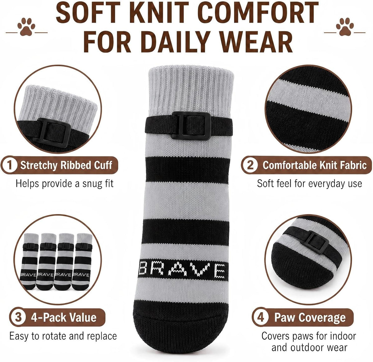 Anti Slip Dog Socks to Prevent Licking Paws, 4 Pack Dog Paw Protectors with Adjustable Buckle Strap, for Hot Pavement Hardwood Floors, Traction Control for Small Medium Senior Dogs，Gray：M