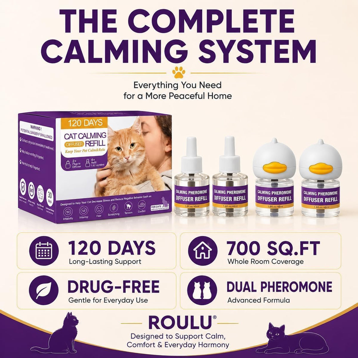 Cat Calming Pheromone Diffuser Kit, 2 Plug-Ins & 4 Refills, 48Ml Each, 120 Days, Cat Calming Diffuser for Cats & Kittens, Cat Stress & Anxiety Relief, Helps Reduce Scratching, Urine Marking & Fighting