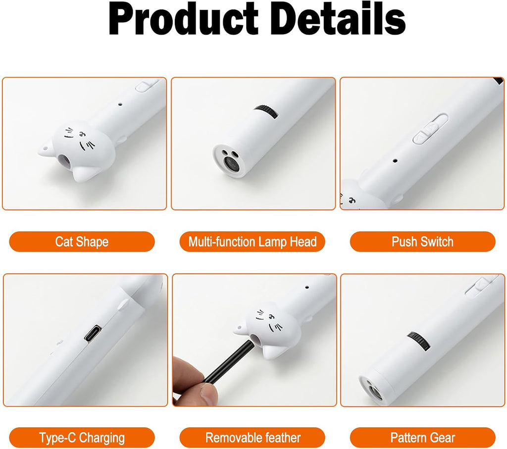 Cat Teaser Pointer Interactive Feather Bell Stick for Cats Kittens to Chase Type-C Rechargeable Pen Relieves Boredom
