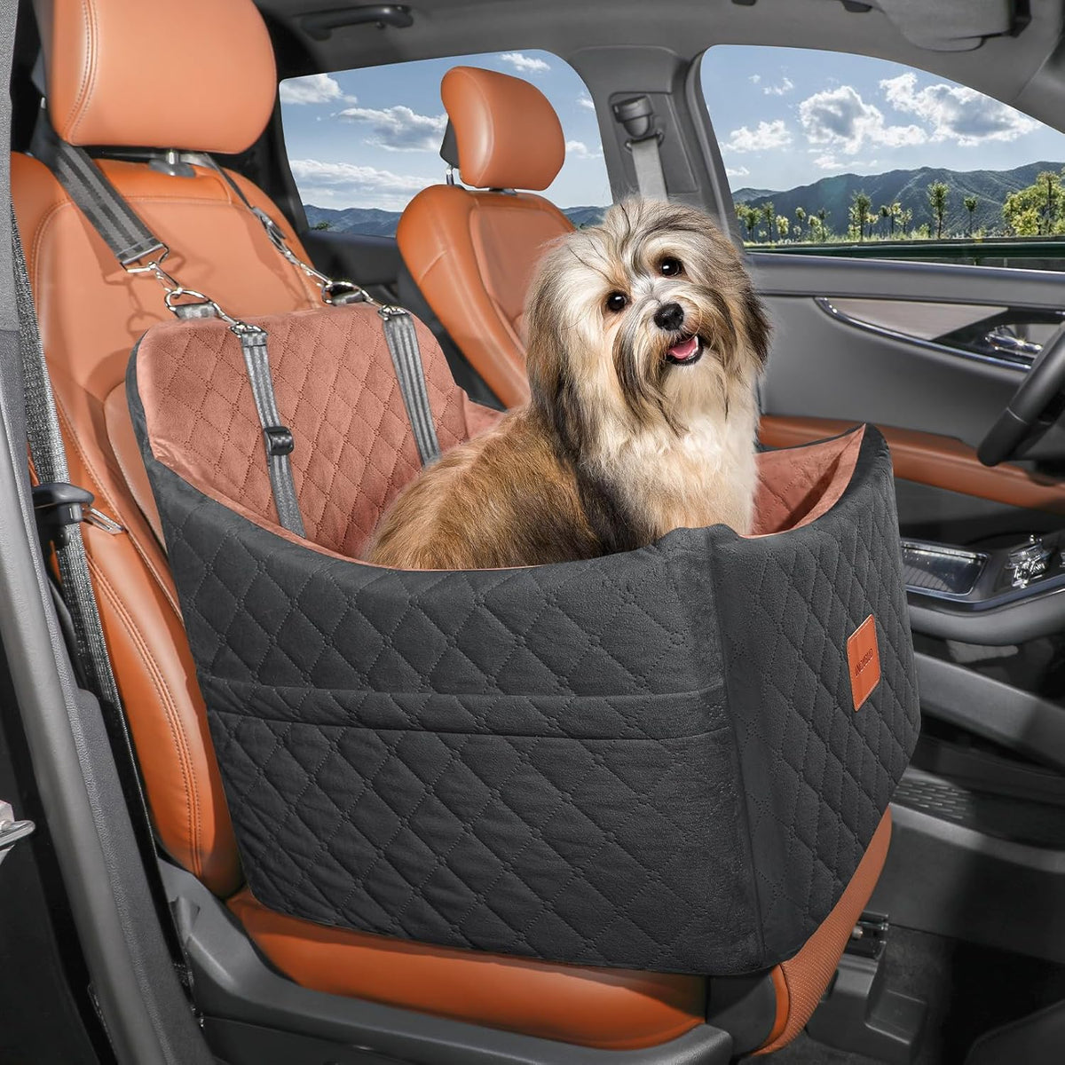 Dog Car Seats for Small Medium Dogs, Portable Detachable Washable Puppy Car Seat for Dog up to 35Lbs, Pet Booster Seat with Storage Pockets and Safety Belt (Black/Brown, Medium)